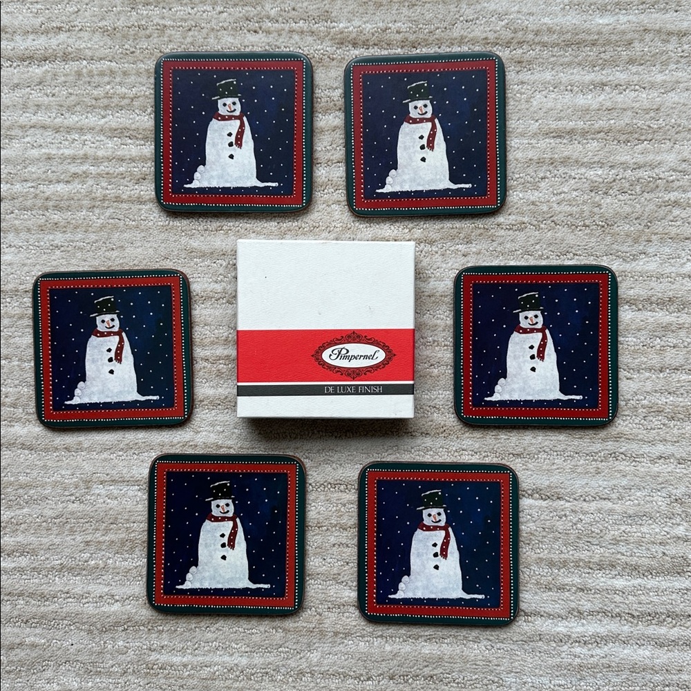 Set of 6 Pimpernel Christmas Snowman Coasters In Box Cork Back Holiday Christmas